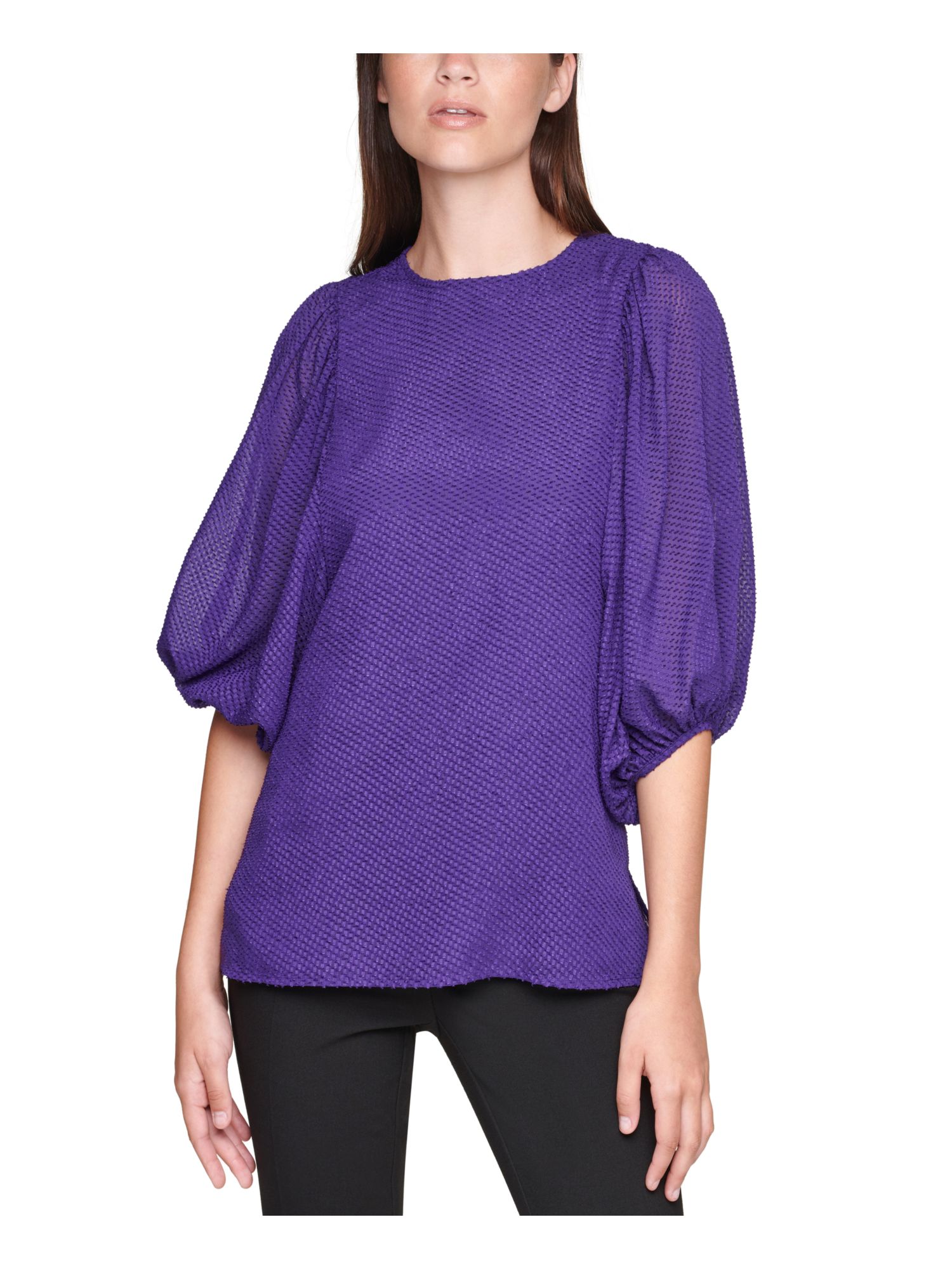 Womens Purple Textured Balloon Sleeve Crew Neck Top Plus Size: 3X